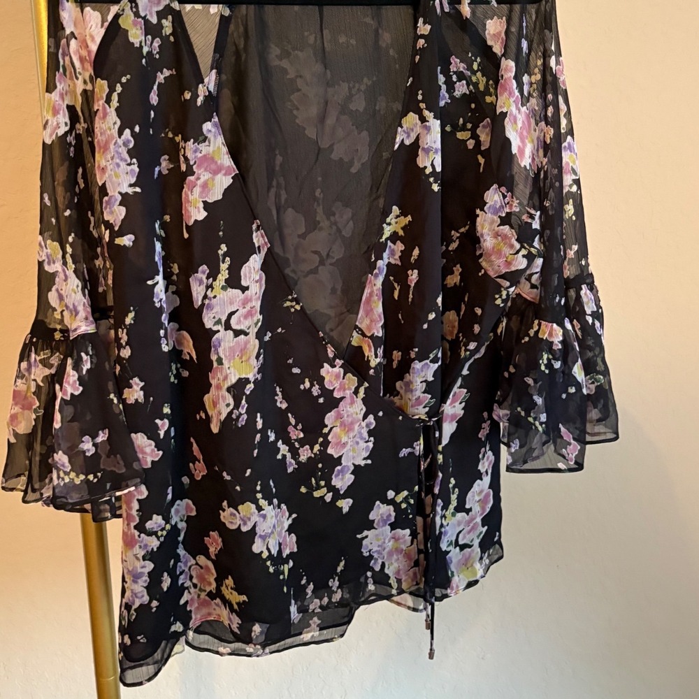 Lauren Ralph Lauren Floral Wrap Blouse Sheer Chiffon XL Cottagecore Coquette